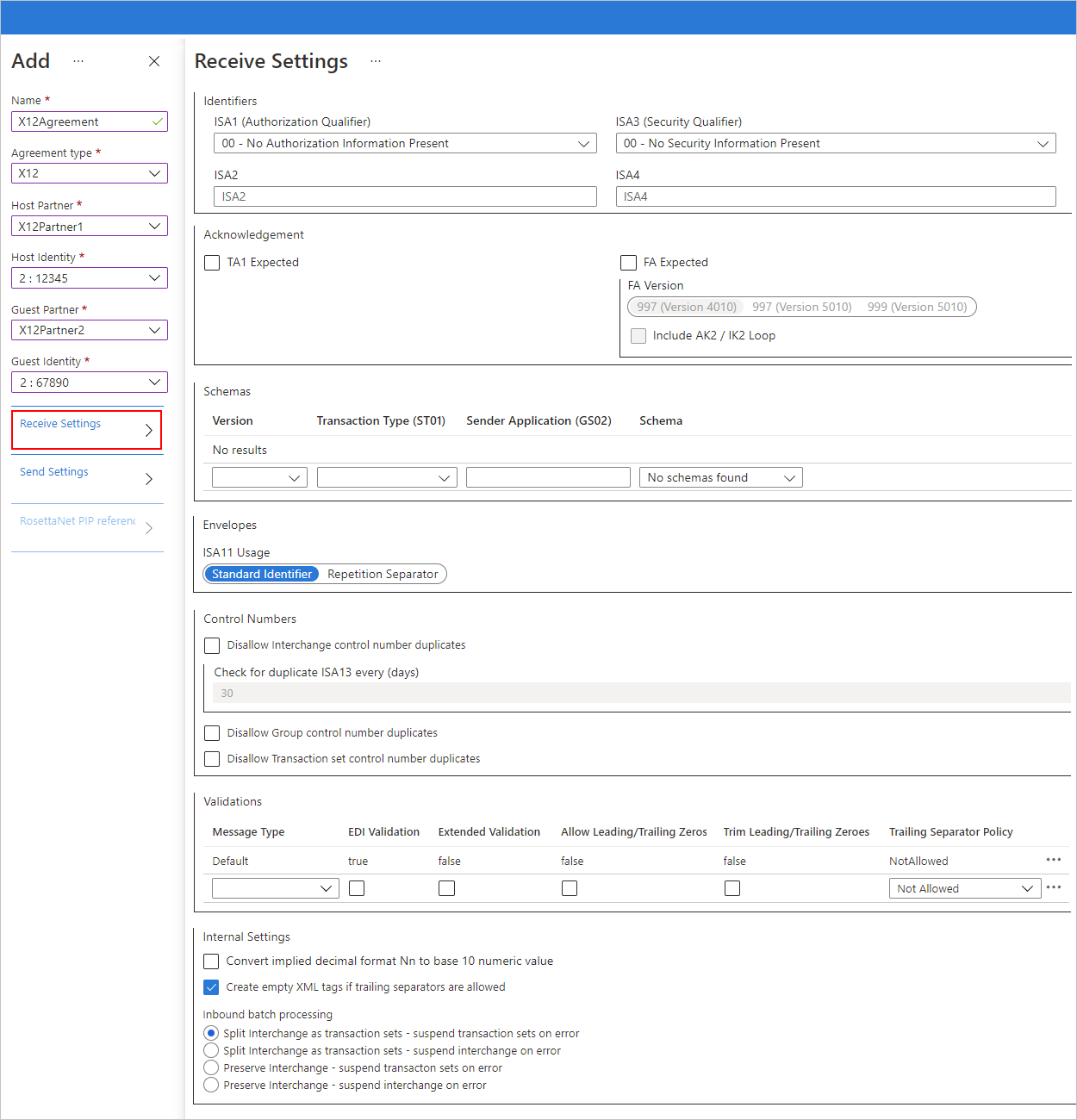 Schermopname van Azure Portal- en X12-overeenkomstinstellingen voor binnenkomende berichten.