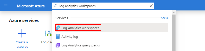 Schermopname van het zoekvak Azure Portal met Log Analytics-werkruimten geselecteerd.