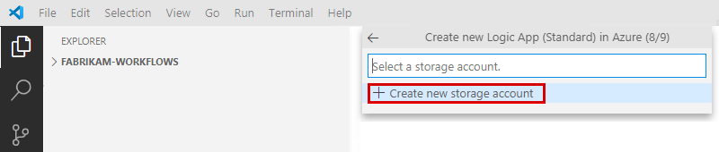 Schermopname van het deelvenster Azure: Logic Apps (Standard) en een prompt om een opslagaccount te maken of te selecteren.