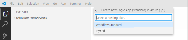 Schermopname van de prompt om Workflow Standard of App Service-plan te selecteren.