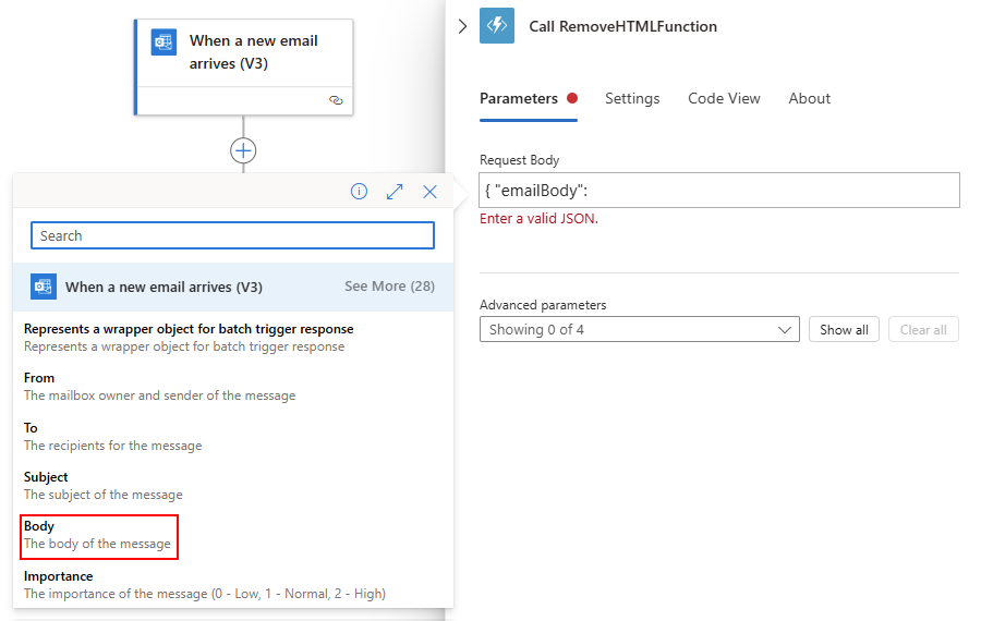 Schermopname van het informatievak van de Azure-functie met de lijst met dynamische inhoud en de hoofdtekst geselecteerd.