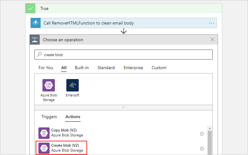 Screenshot showing the Azure Blob Storage action named Create blob selected.