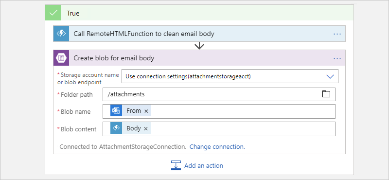 Screenshot showing example HTML-free email inputs for the finished Create blob action.
