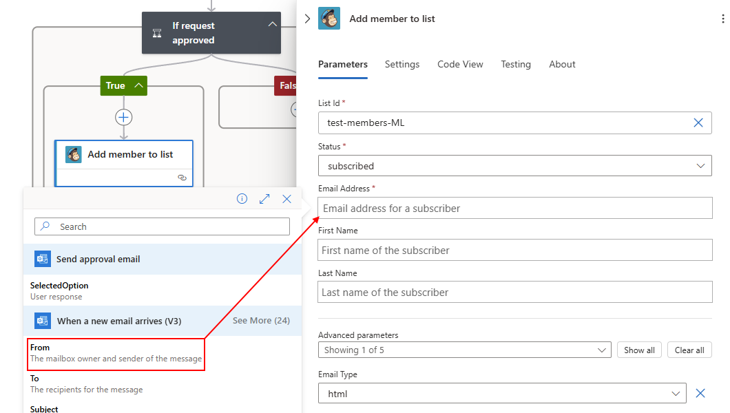 Schermopname met informatie over de actie MailChimp met de naam Lid toevoegen aan lijst.