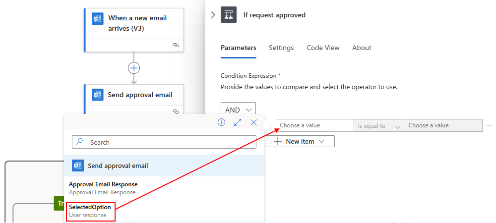 Schermopname met de actie Voorwaarde, tweede rij met cursor in het meest linkse vak, lijst met dynamische inhoud openen en SelectedOption geselecteerd.