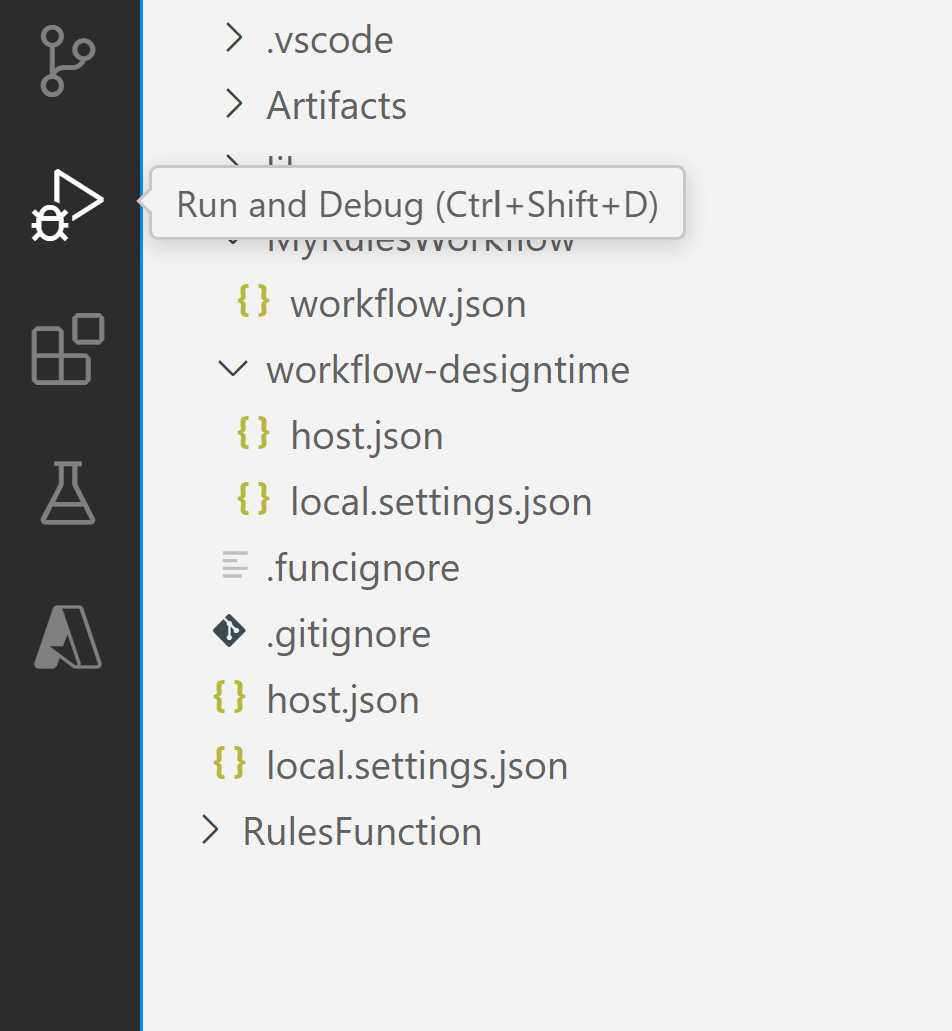 Schermopname van de Visual Studio Code-activiteitenbalk met Uitvoeren en Fouten opsporen geselecteerd.
