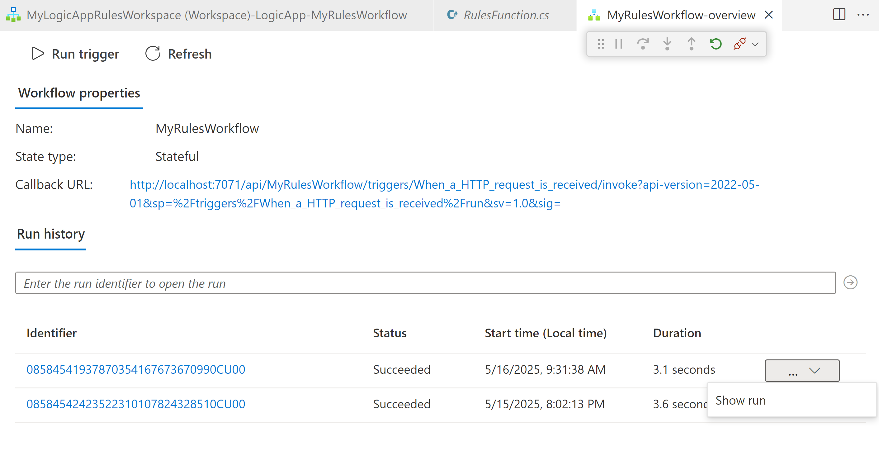 Schermopname van Visual Studio Code en voltooide werkstroomuitvoering.