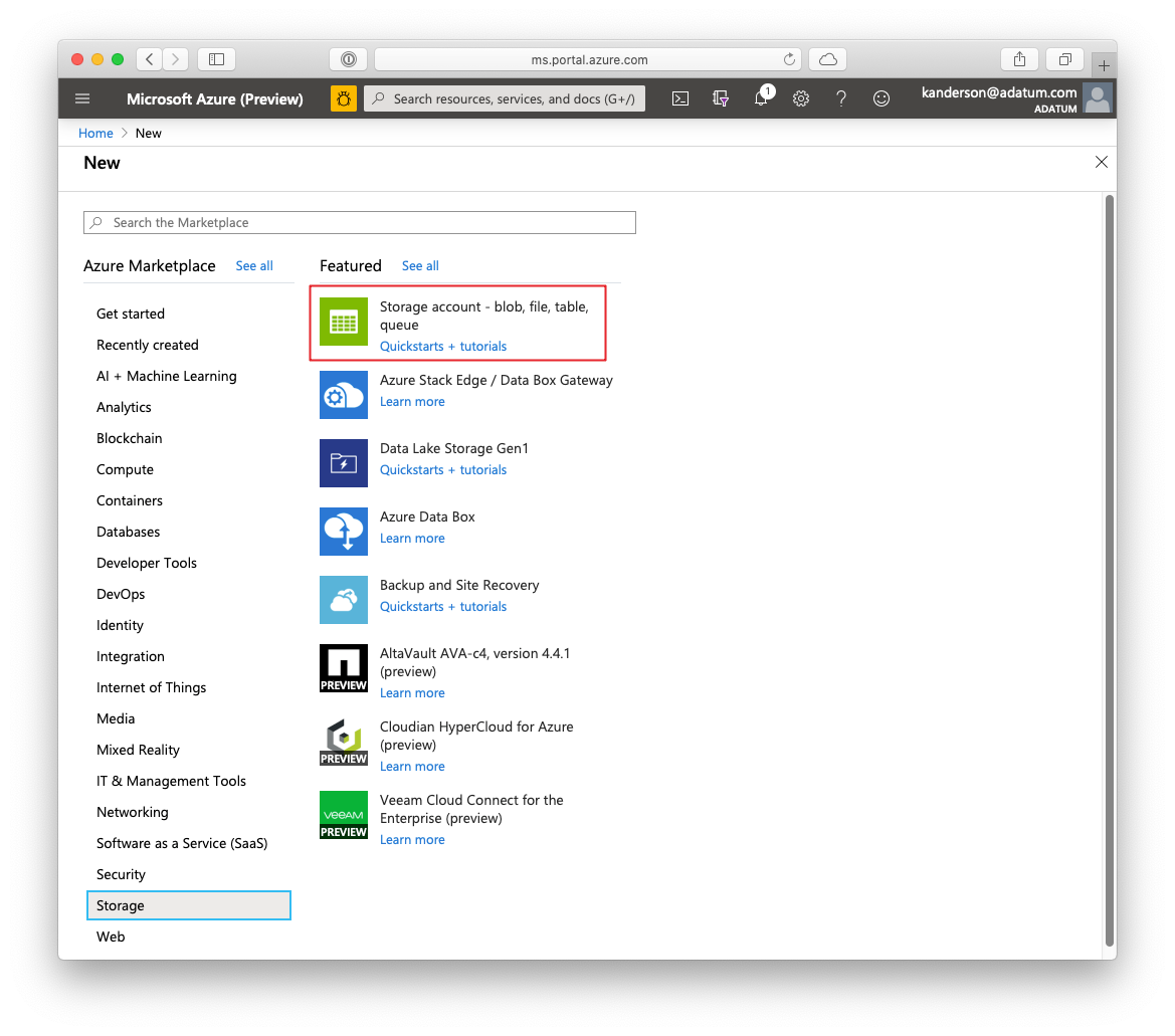 Schermopname van het proces voor het maken van het opslagaccount in Azure Portal.