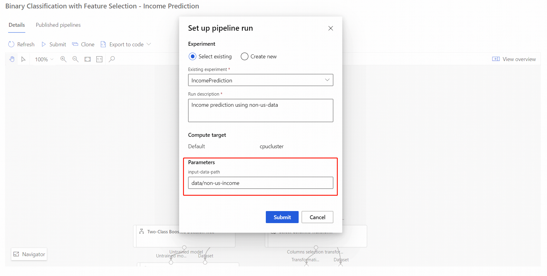 Screenshot that shows how to set up a parameterized pipeline job in the designer