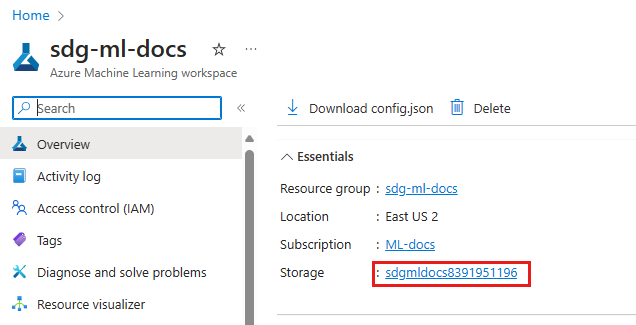 Screenshot shows link for storage in Azure portal.