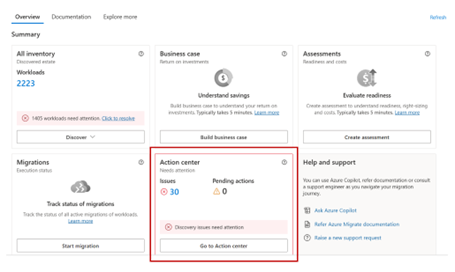 Schermopname van het Azure Migrate-dashboard met de tegel Action Center.