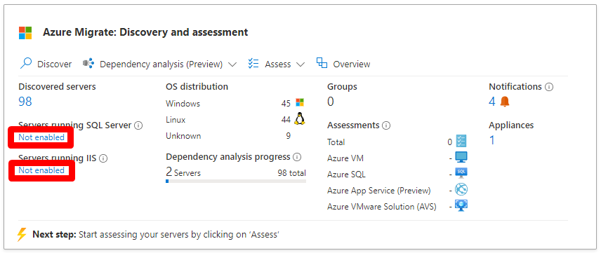 Schermopname van de Azure Migrate-hubtegel waarbij de detectie van SQL- en web-apps niet is ingeschakeld.