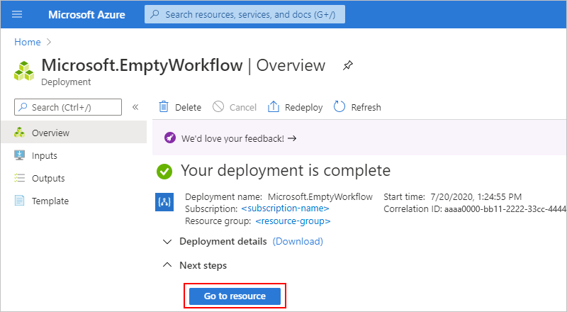 Schermopname van de pagina resource-implementatie en de geselecteerde knop.