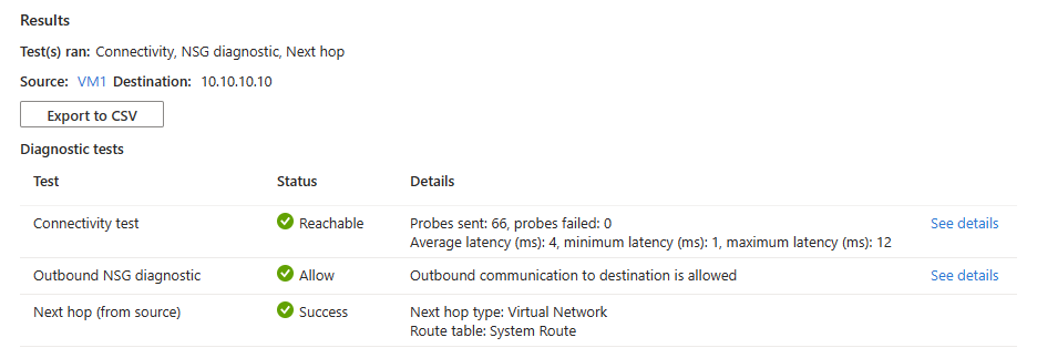 Schermopname van resultaten voor het oplossen van verbindingsproblemen na het testen van de verbinding met een bereikbaar IP-adres.