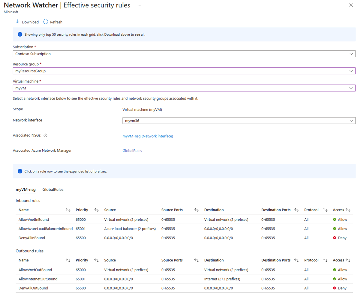 Schermopname van azure Network Watcher effectieve beveiligingsregels in Azure Portal.