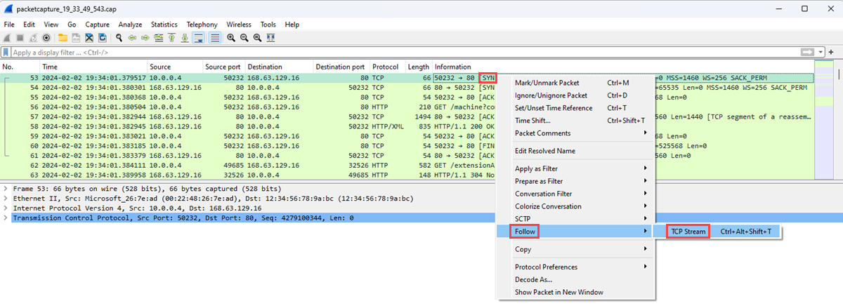 Screenshot that shows how to filter TCP stream packets in Wireshark.