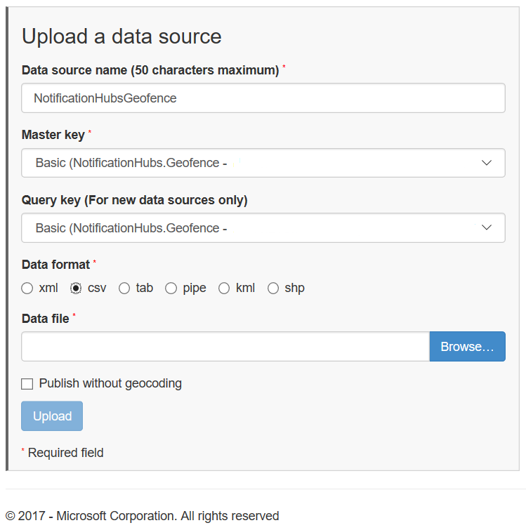 Schermafbeelding van het dialoogvenster ‘Upload a data source’.