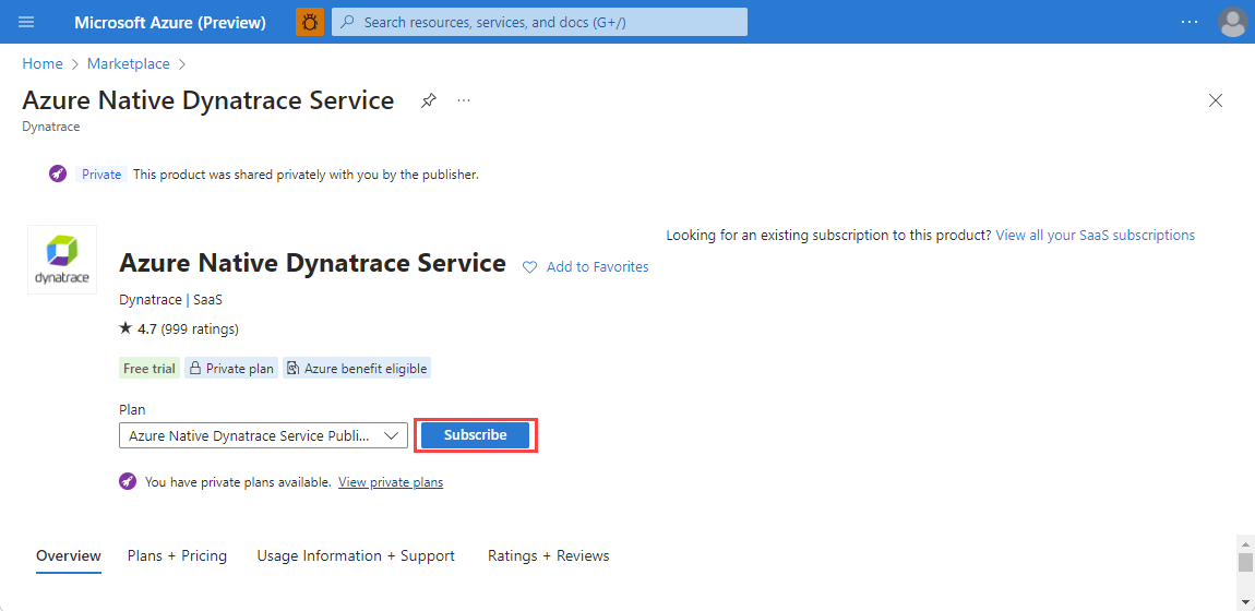 Screenshot showing Dynatrace in the working pane to create a subscription.
