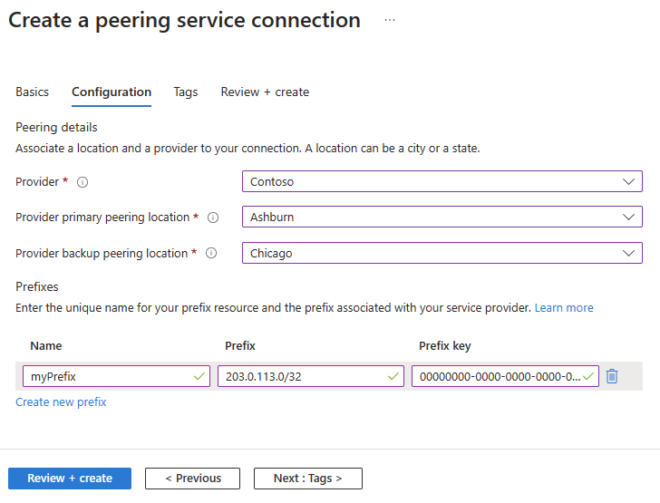 Screenshot of the Configuration tab of Create a peering service connection in Azure portal.