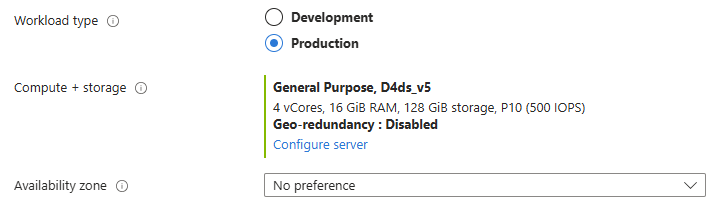Schermopname van Azure Portal met de sectie Compute en opslag en een bruikbare server-URL configureren.