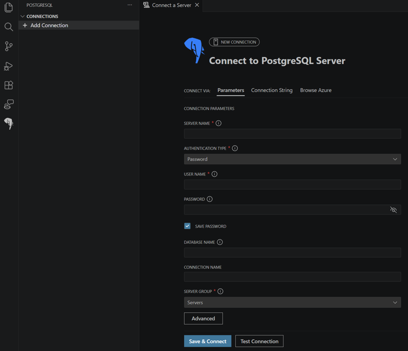 Schermopname van het toevoegen van nieuwe Azure Database for PostgreSQL connection.