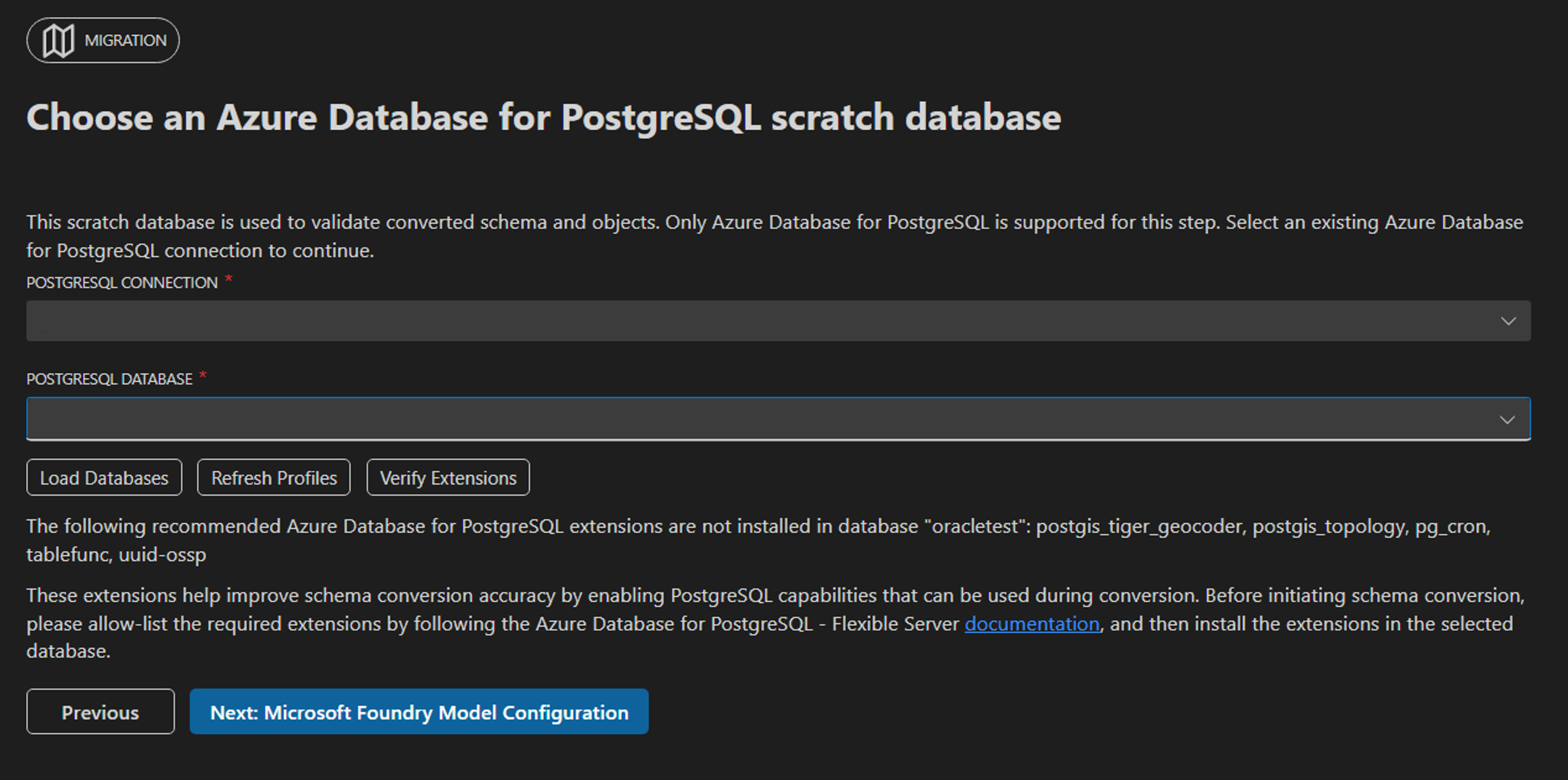 Schermopname van het configureren van een scratchdatabase.