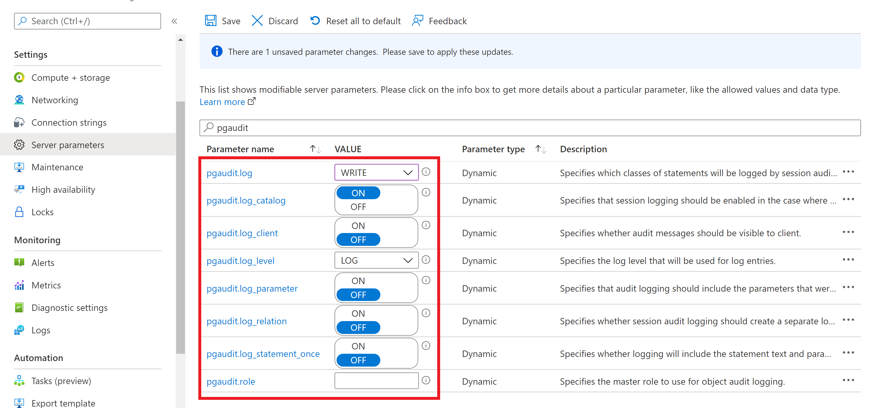 Schermopname van Het configureren van logboekregistratie met pgAudit in Azure Database for PostgreSQL.