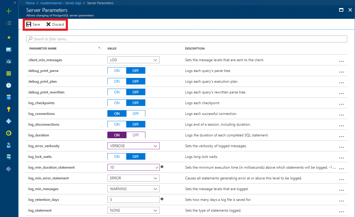 Schermopname van opties voor serverparameters