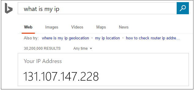 Bing zoeken naar wat is mijn IP-adres