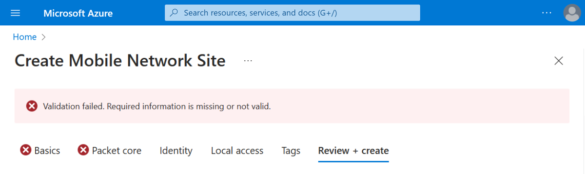 Schermopname van Azure Portal met geslaagde validatie van configuratiewaarden voor een siteresource.