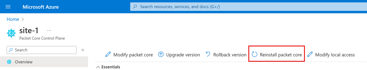 Schermopname van Azure Portal met de optie Pakketkern opnieuw installeren.