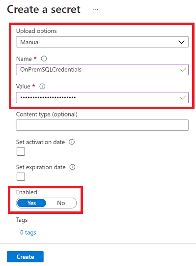 Add values to key vault credential.