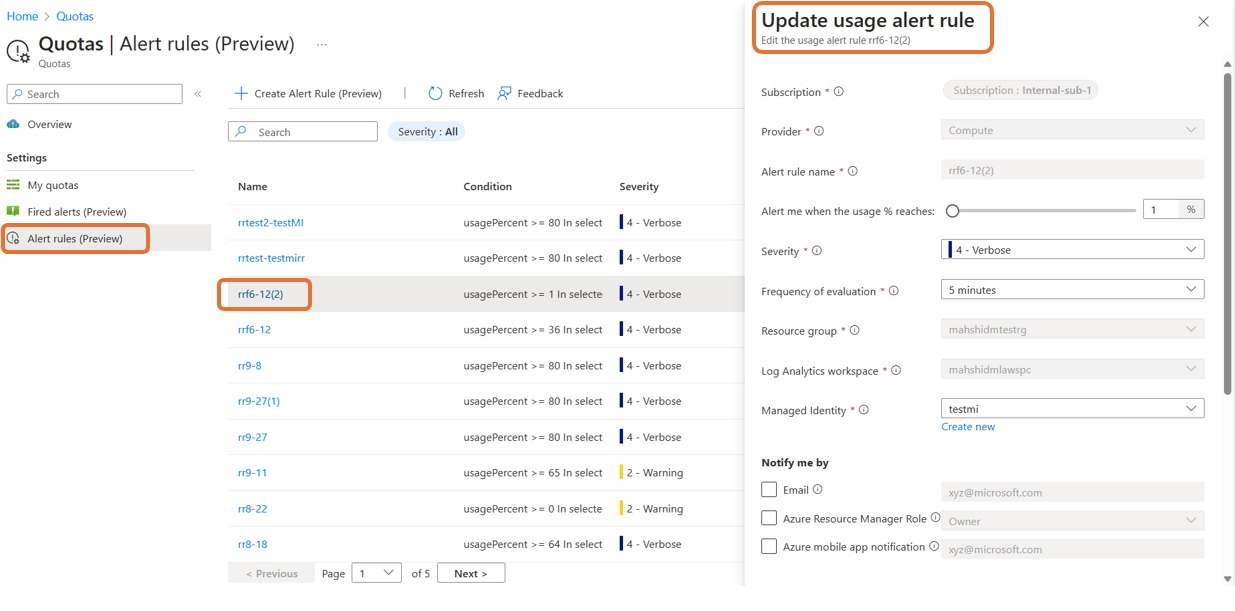 Screenshot showing how to edit rules from the Alert rule screen in the Azure portal.
