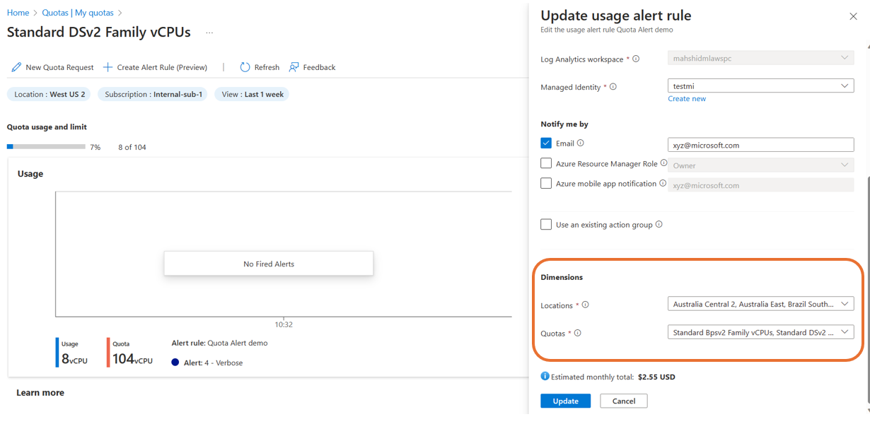Screenshot showing how to add dimensions while editing a quota rule in the Azure portal.