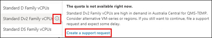 Schermopname van een quotum dat niet beschikbaar is in Azure Portal.