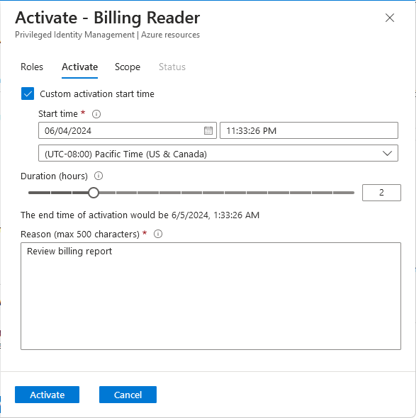 Schermopname van het deelvenster Activeren en het tabblad Activeren met instellingen voor begintijd, duur en reden.