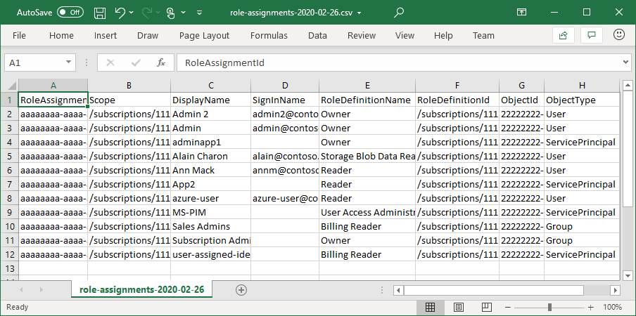 Screenshot of download role assignments as CSV.