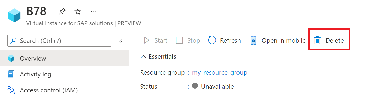 Schermopname van VIS-resource in Azure Portal, met de knop Verwijderen in het menu van de overzichtspagina.