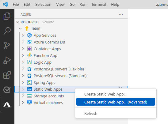 Schermopname van Visual Studio Code, met azure Static Web Apps Explorer met de optie voor het maken van een geavanceerde statische web-app.