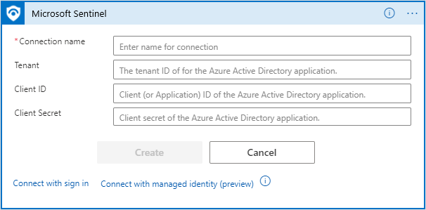 Schermopname van de Verbinding maken met parameters van de service-principal.