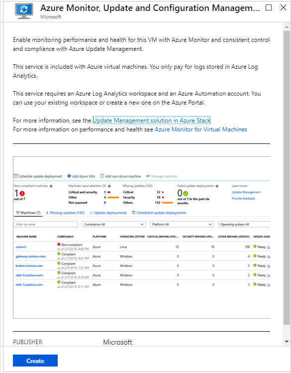 Screenshot van het Azure Stack Hub-portaal waarop de instellingen voor de Install Extension-instellingen voor de Azure Monitor, Update en Configuration Management extensie worden getoond.
