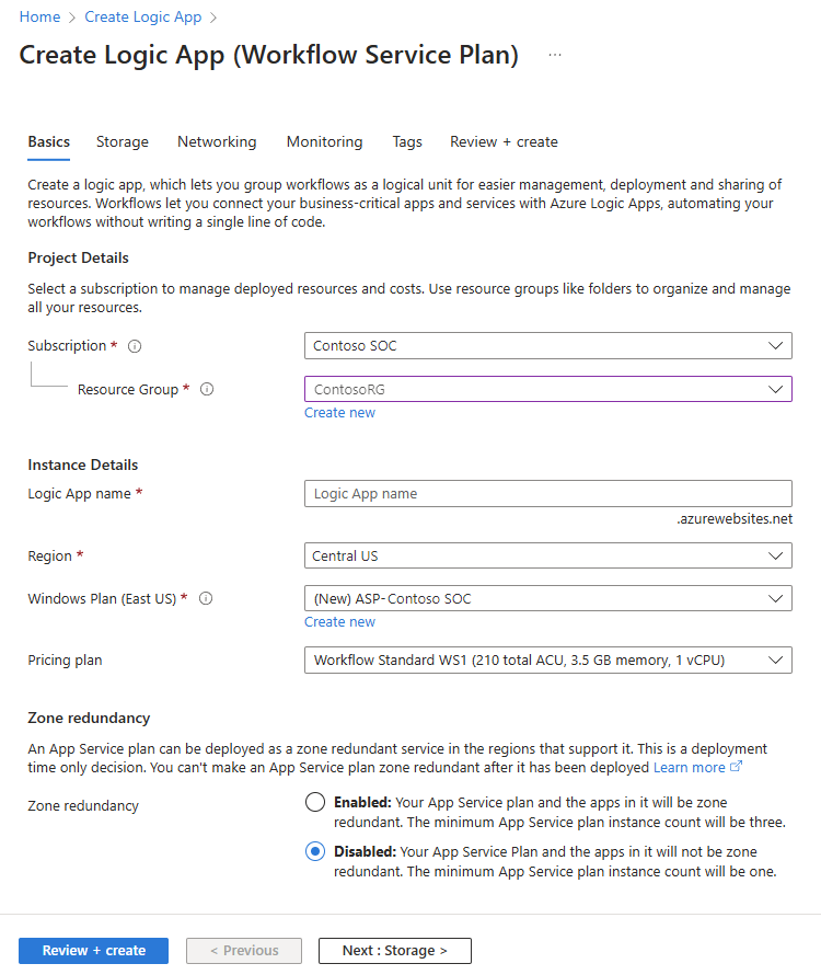 Schermopname van de wizard Logische app maken en het tabblad Basisbeginselen voor een standaard logische app.