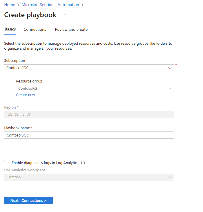 Schermopname van de wizard Playbook maken en het tabblad Basisinformatie voor een playbook op basis van een werkstroom verbruik.