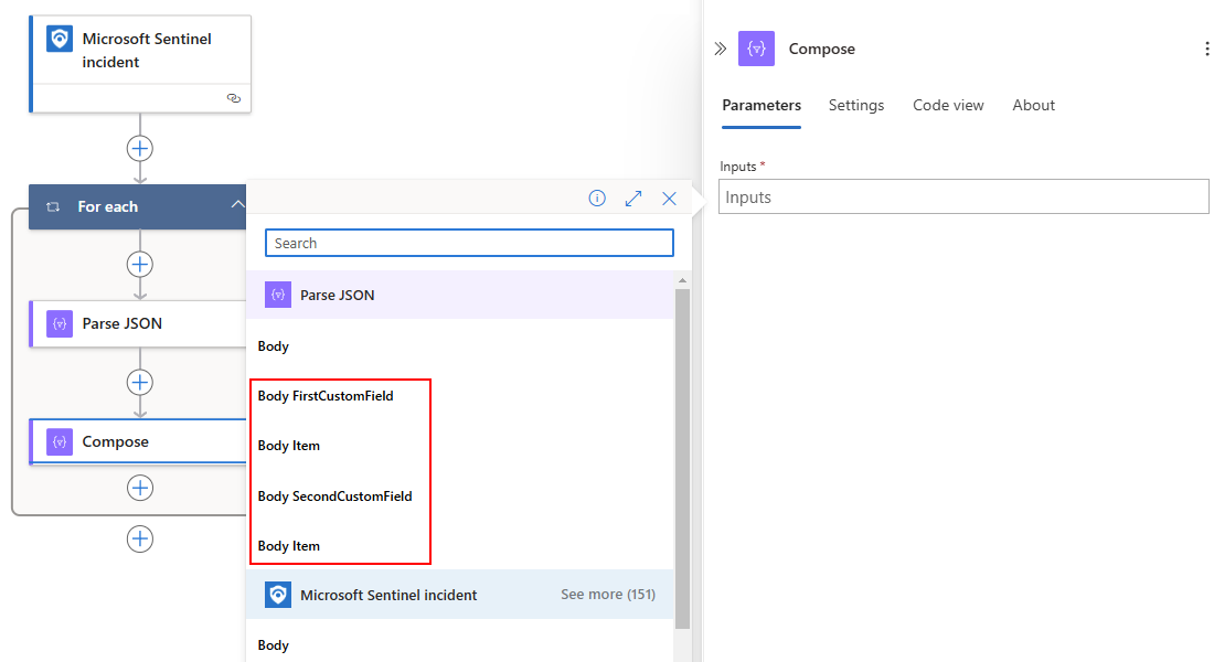 Schermopname van gereed voor het gebruik van dynamische velden uit het schema.