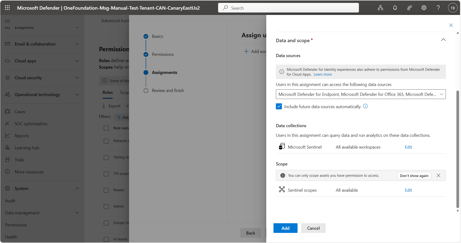 Schermopname van het toewijzen van Sentinel-bereiken aan een aangepaste rol.