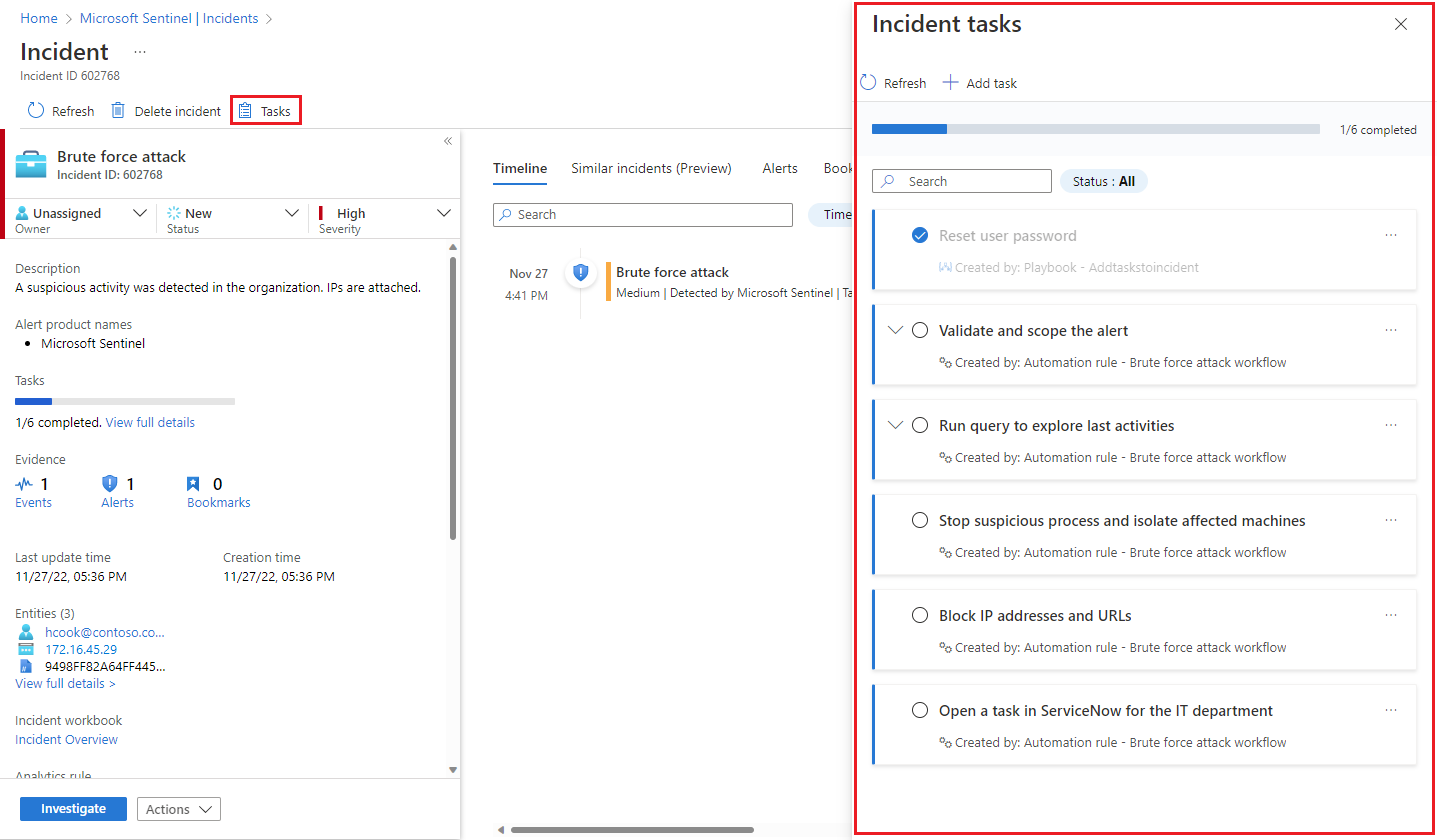 Screenshot shows incident details screen with tasks panel open.