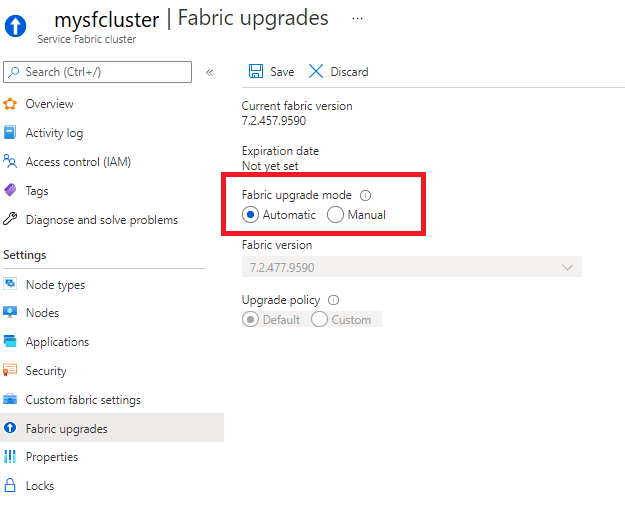 Selecteer Automatische of handmatige upgrades in de sectie Infrastructuurupgrades van uw clusterresource in Azure Portal