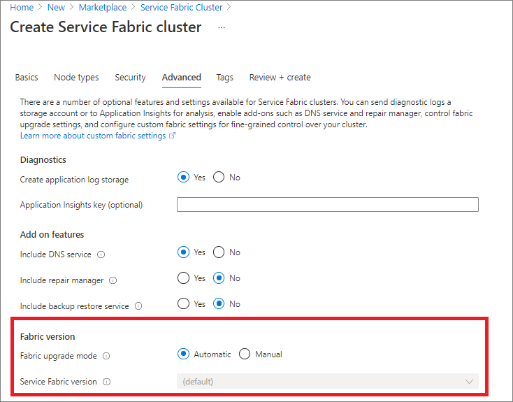 Kies tussen automatische of handmatige upgrades bij het maken van een nieuw cluster in Azure Portal uit de opties 'Geavanceerd'