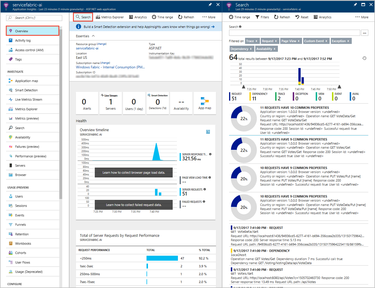 Schermopname van de Application Insights-weergave traceringen bekijken.