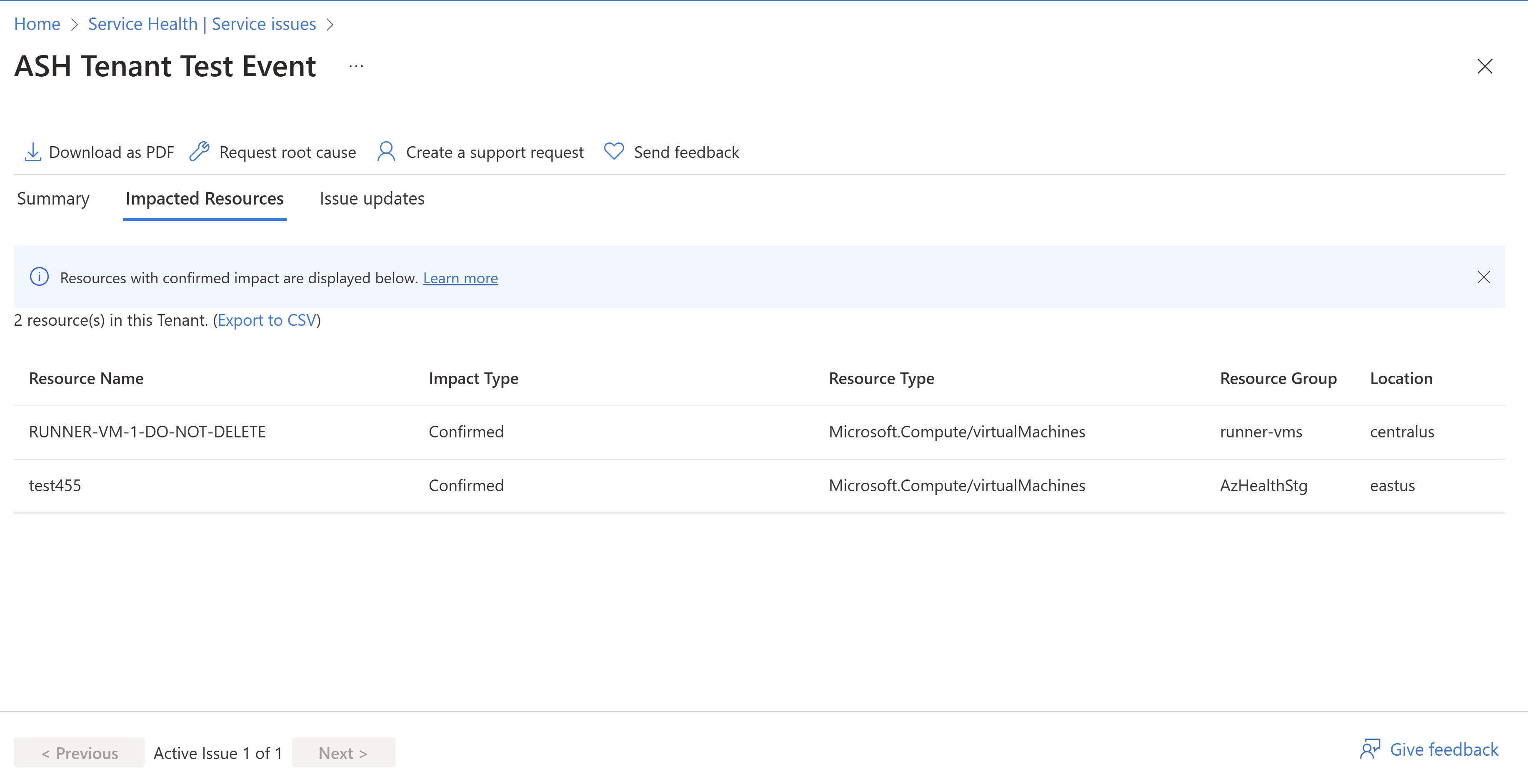 Screenshot of information about tenant impacted resources in Azure Service Health.